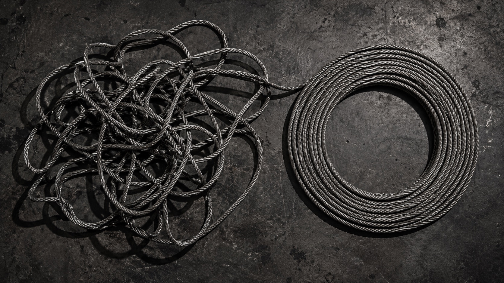 One continuous steel cable, tangled on the left and wound into a neat coil on the right